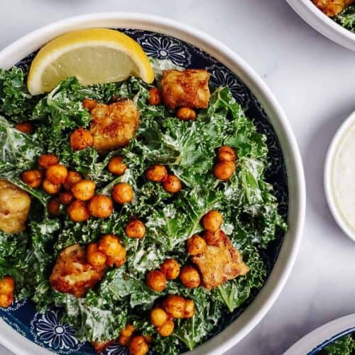 Kale Caesar Salad With Tempeh & Chickpea Croutons