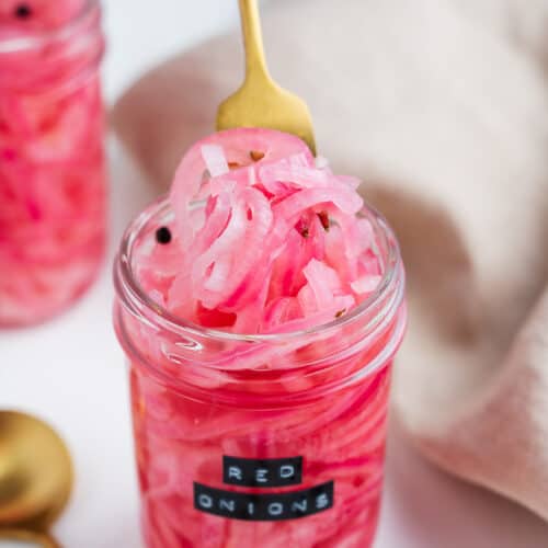 Pickled Red Onions on a Fork