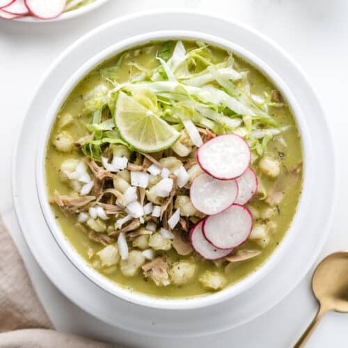Vegan Pozole Verde in a Bowl With Garnishes
