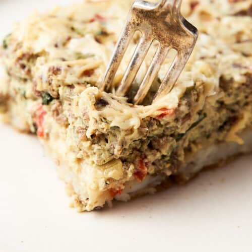 Vegan breakfast casserole on a plate.