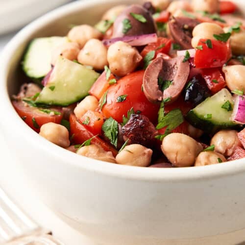 Vegan chickpea salad in a bowl.