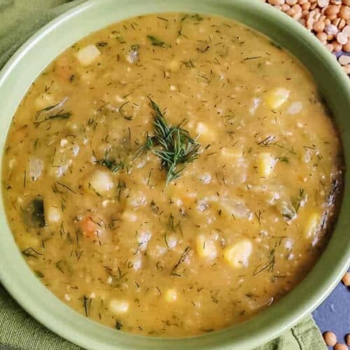Vegan split pea soup in a bowl.