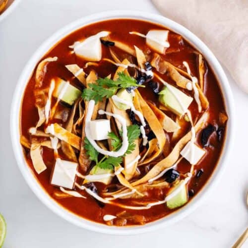 Vegan tortilla soup in a bowl.