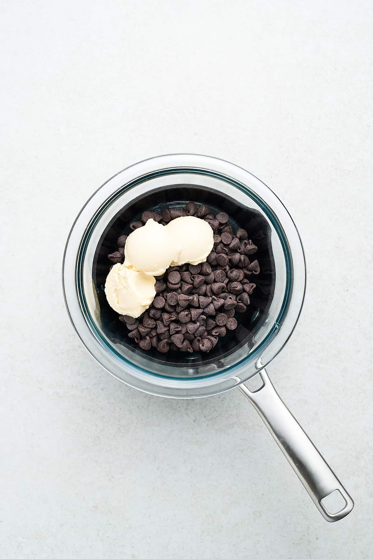 Chocolate and vegan butter in a double boiler.