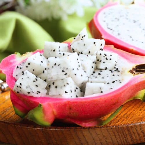 Cubed dragon fruit in a dragon fruit.