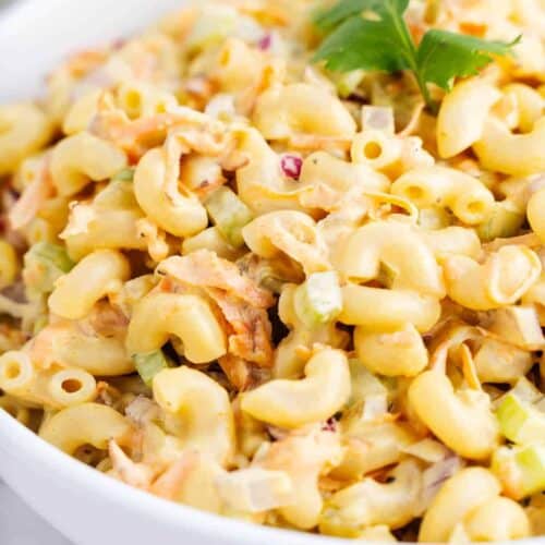 Vegan macaroni salad in a bowl.