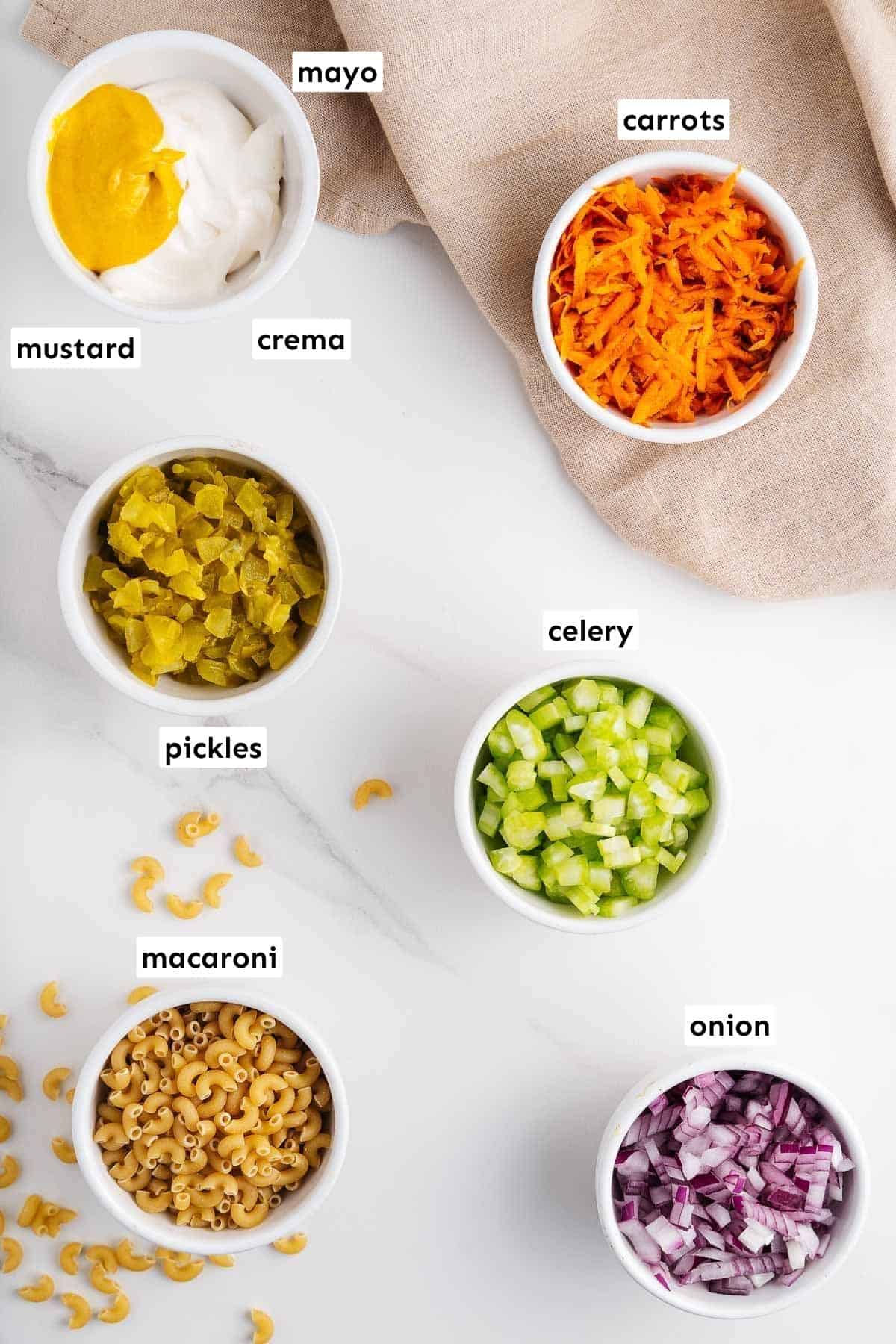 Vegan macaroni salad ingredients.