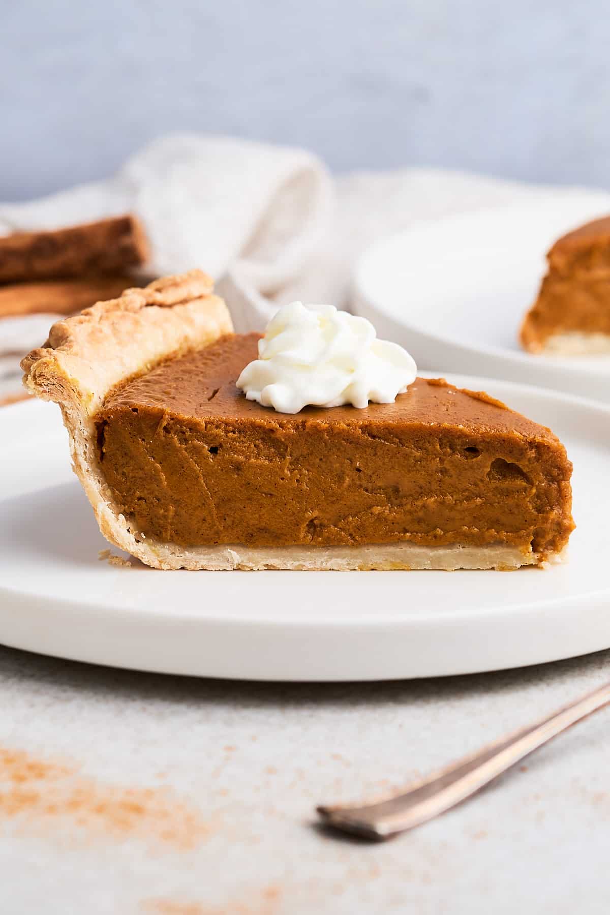 Vegan pumpkin pie with whipped cream.