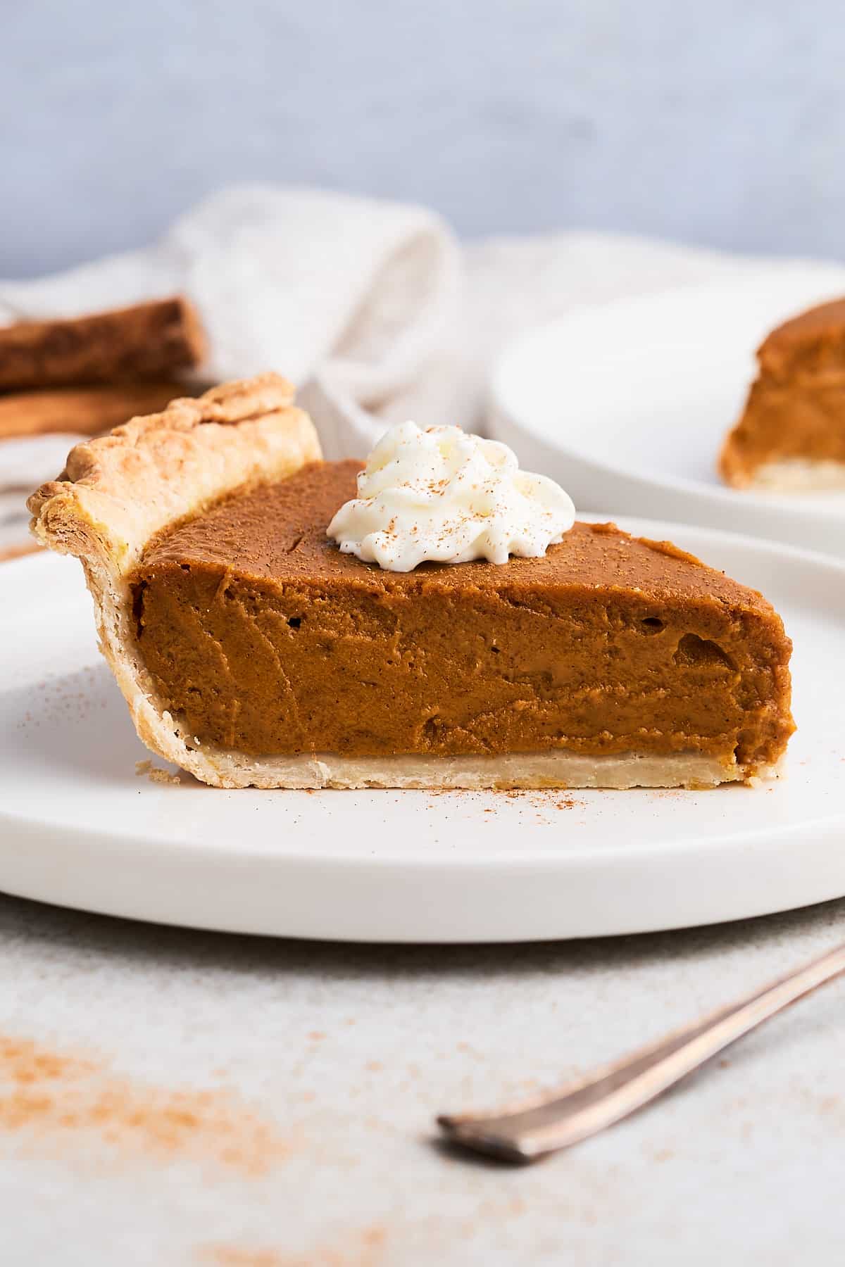 Vegan pumpkin pie slice with toppings.
