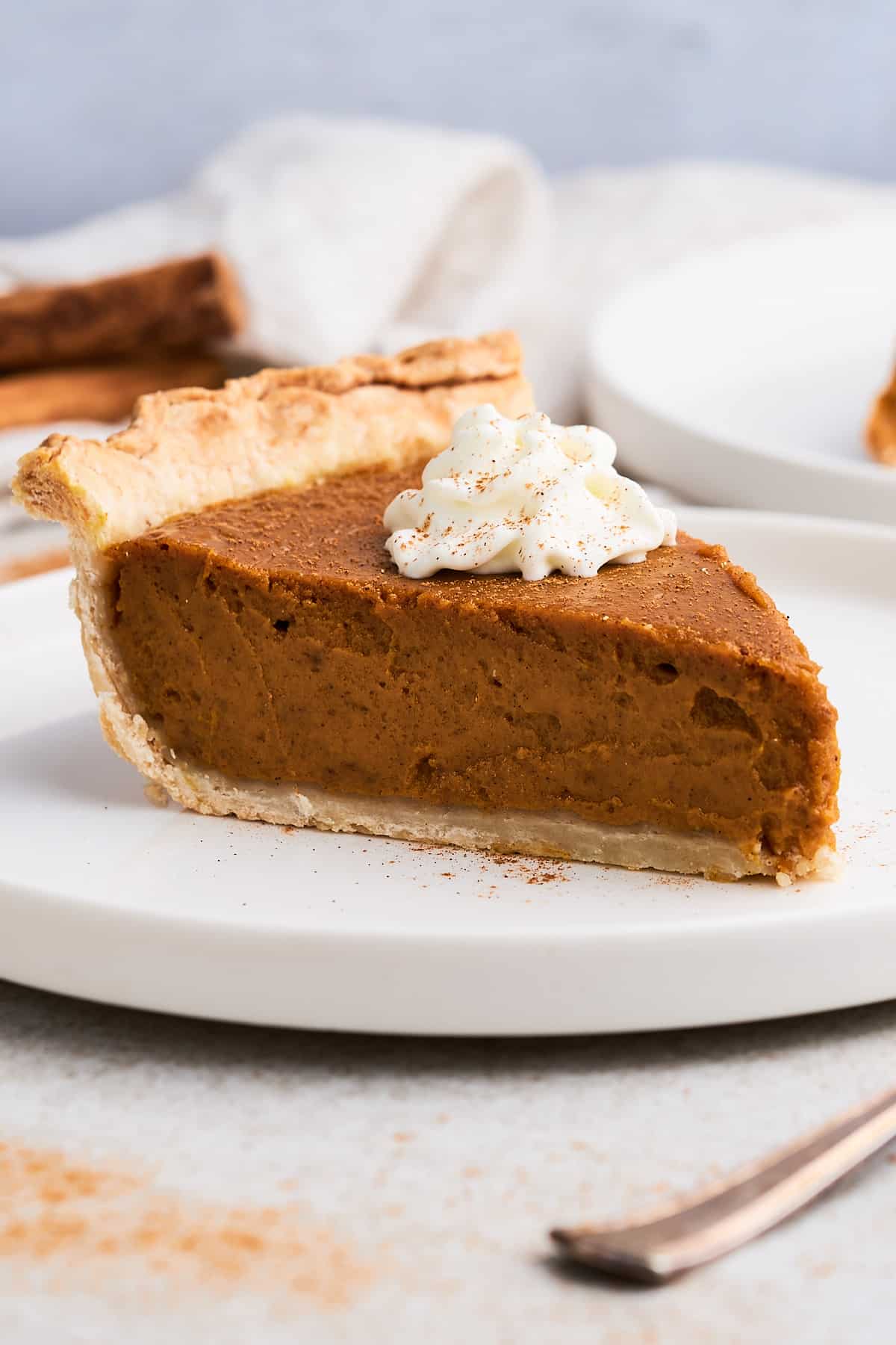 Vegan pumpkin pie slice.