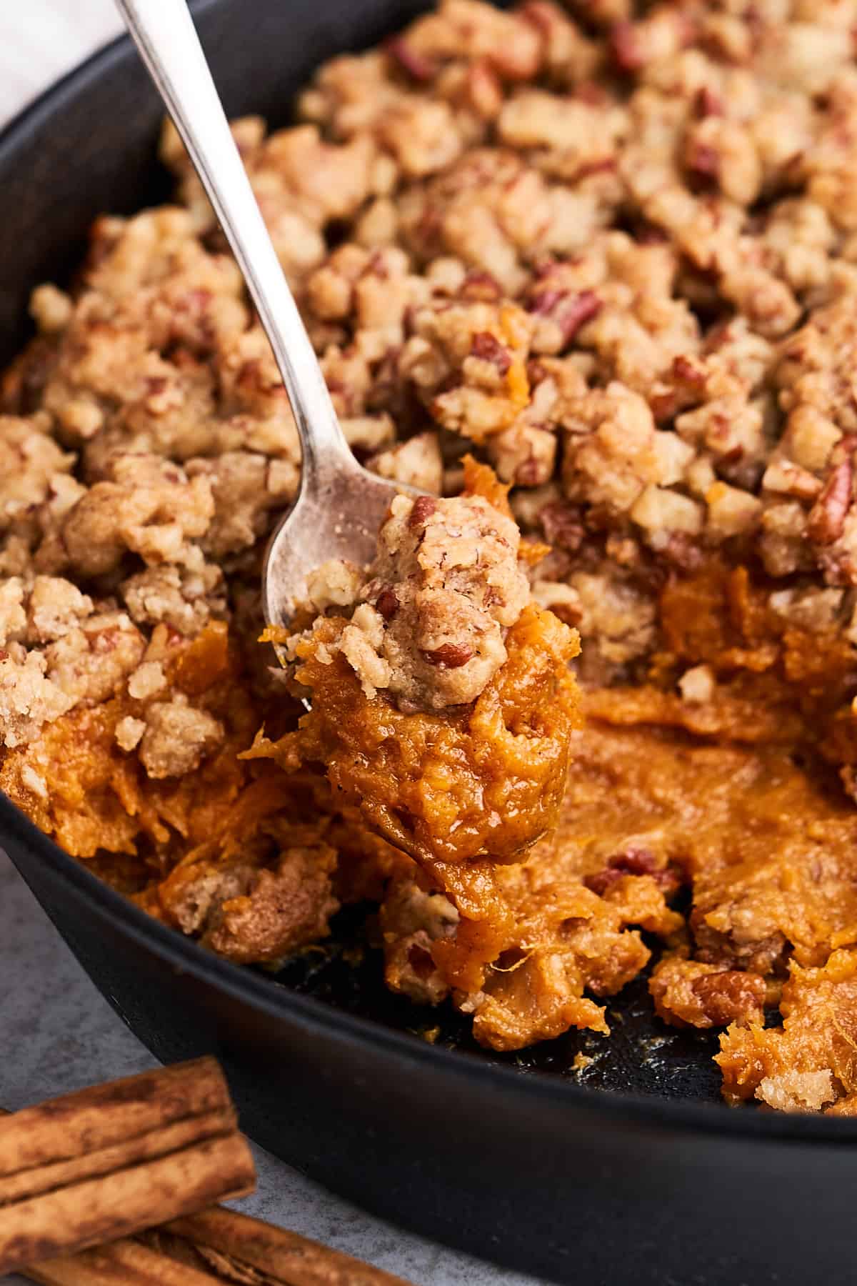 Vegan sweet potato casserole in a pan.