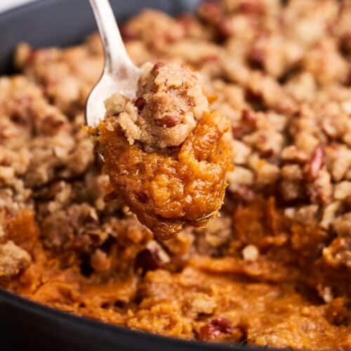Vegan sweet potato casserole in a pan.