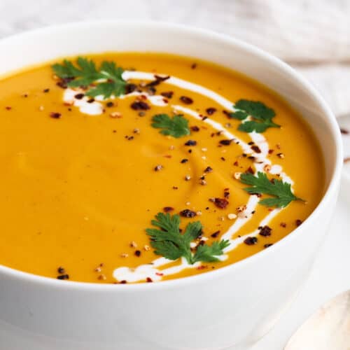 Vegan sweet potato soup in a bowl.