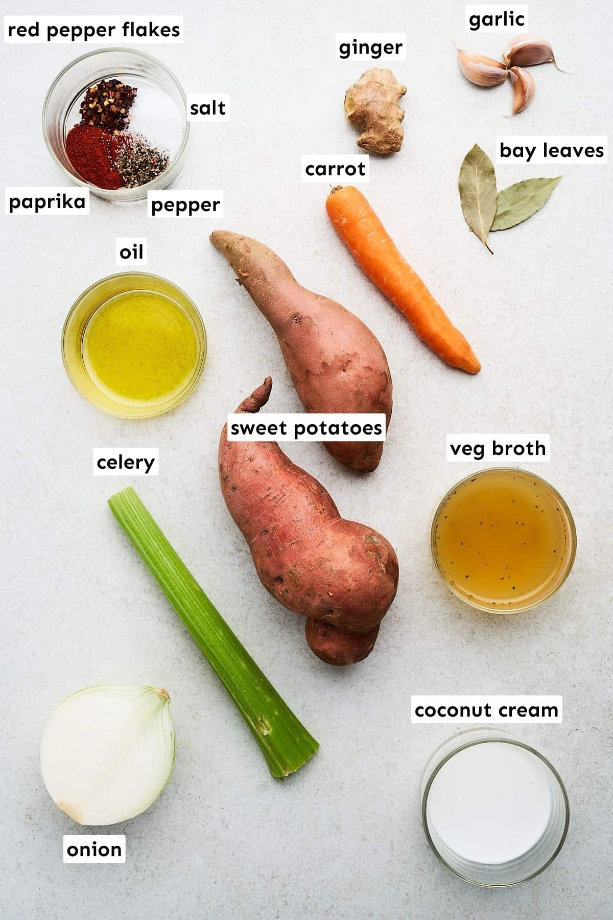 Vegan sweet potato soup ingredients.