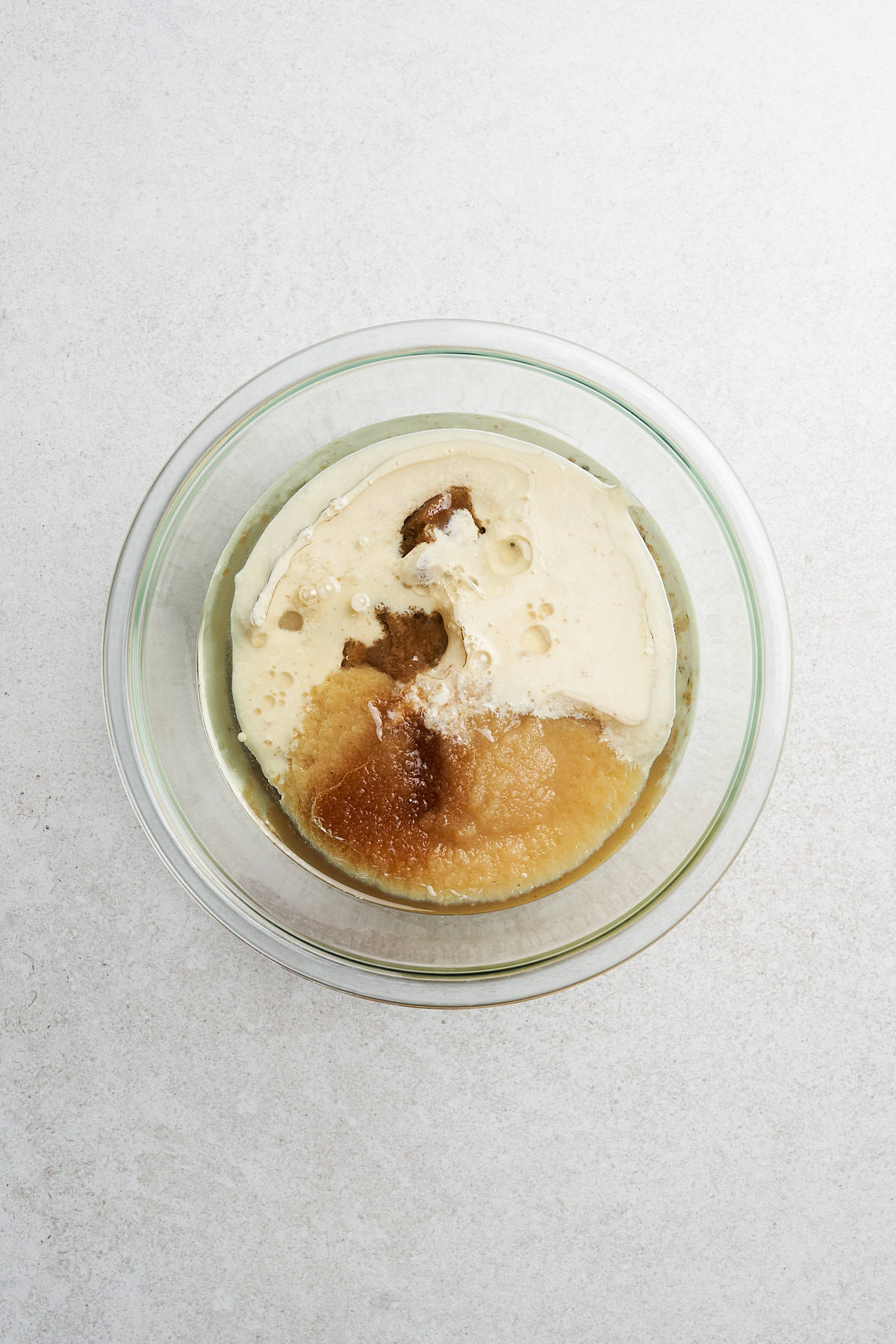 Applesauce, vegan buttermilk, oil, sugar, and vanilla.