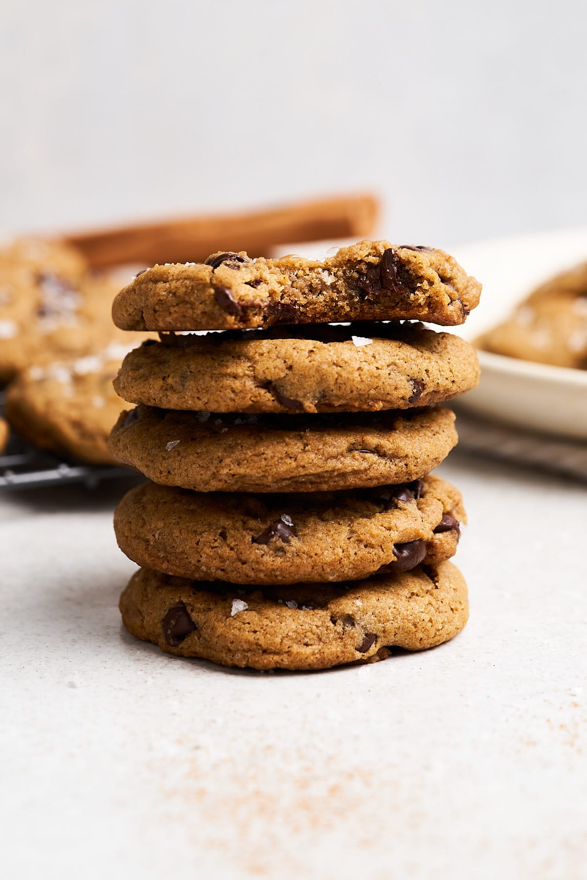 Stack of vegan chocolate chip pumpkin cookies.