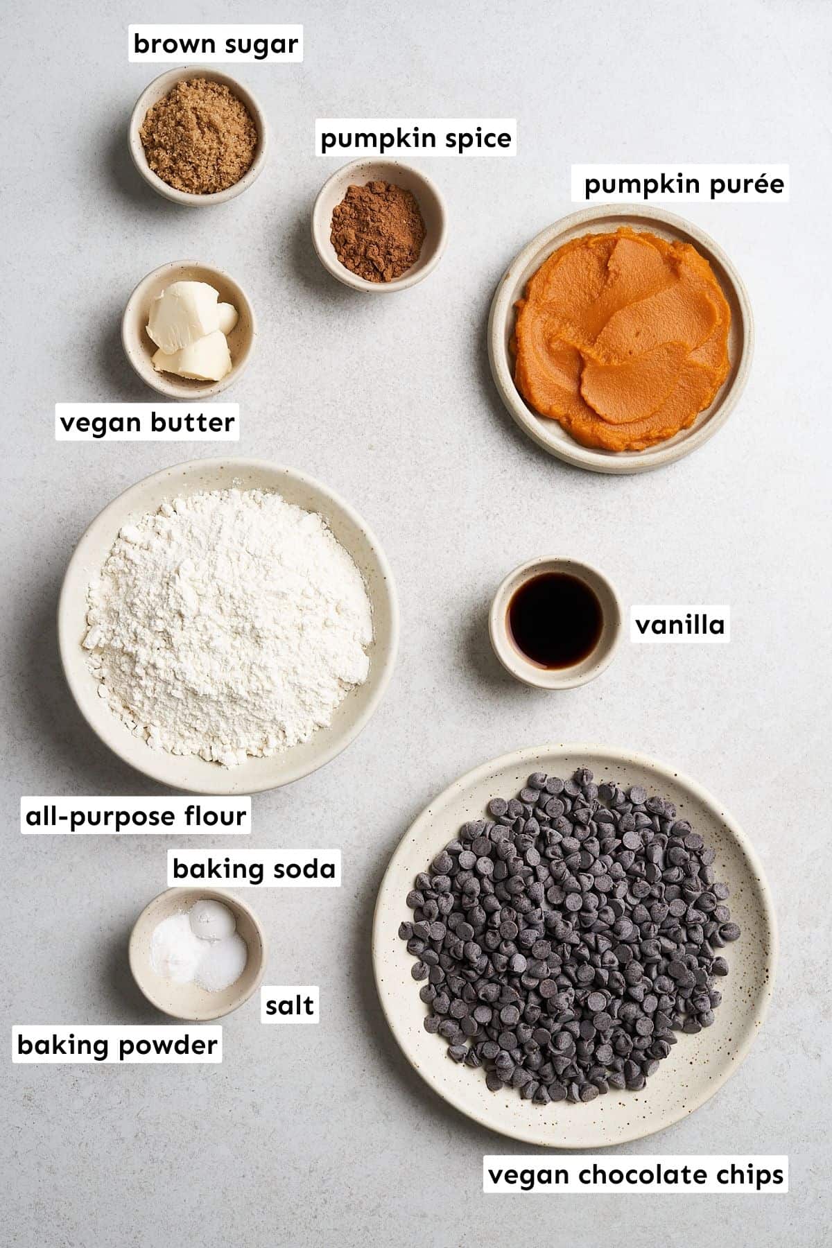 Vegan chocolate chip pumpkin cookies ingredients.