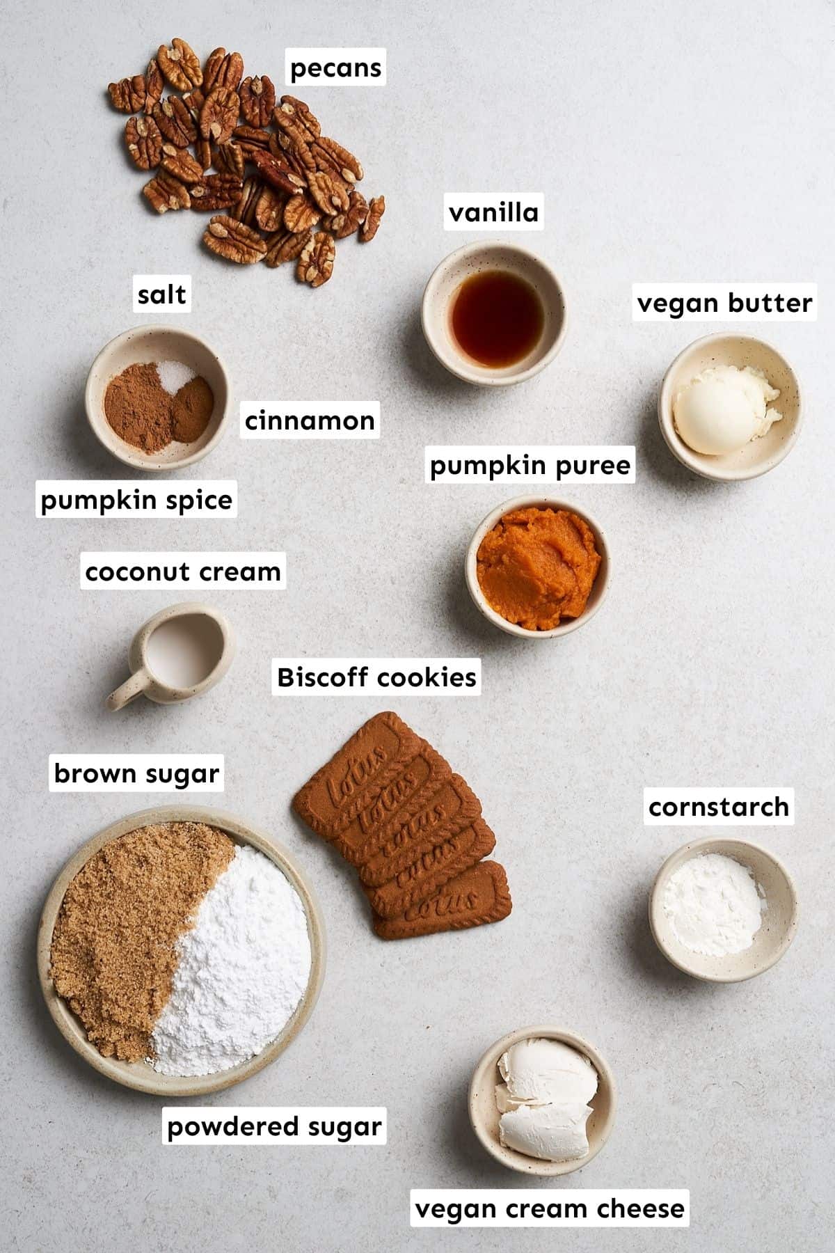 Vegan pumpkin cheesecake ingredients.