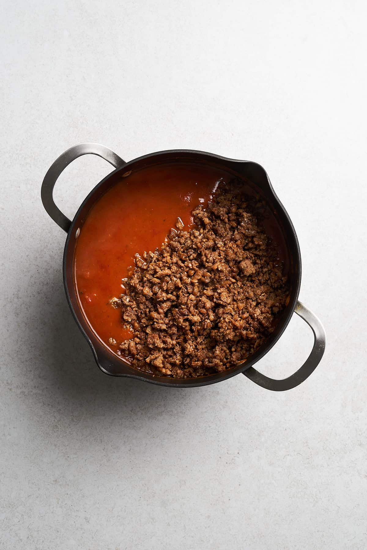 Simmering chili with Beyond Meat.