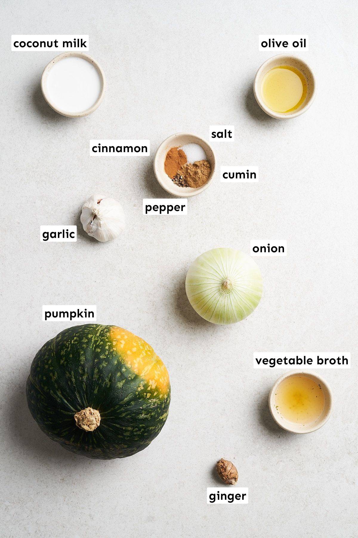 Vegan pumpkin soup ingredients.