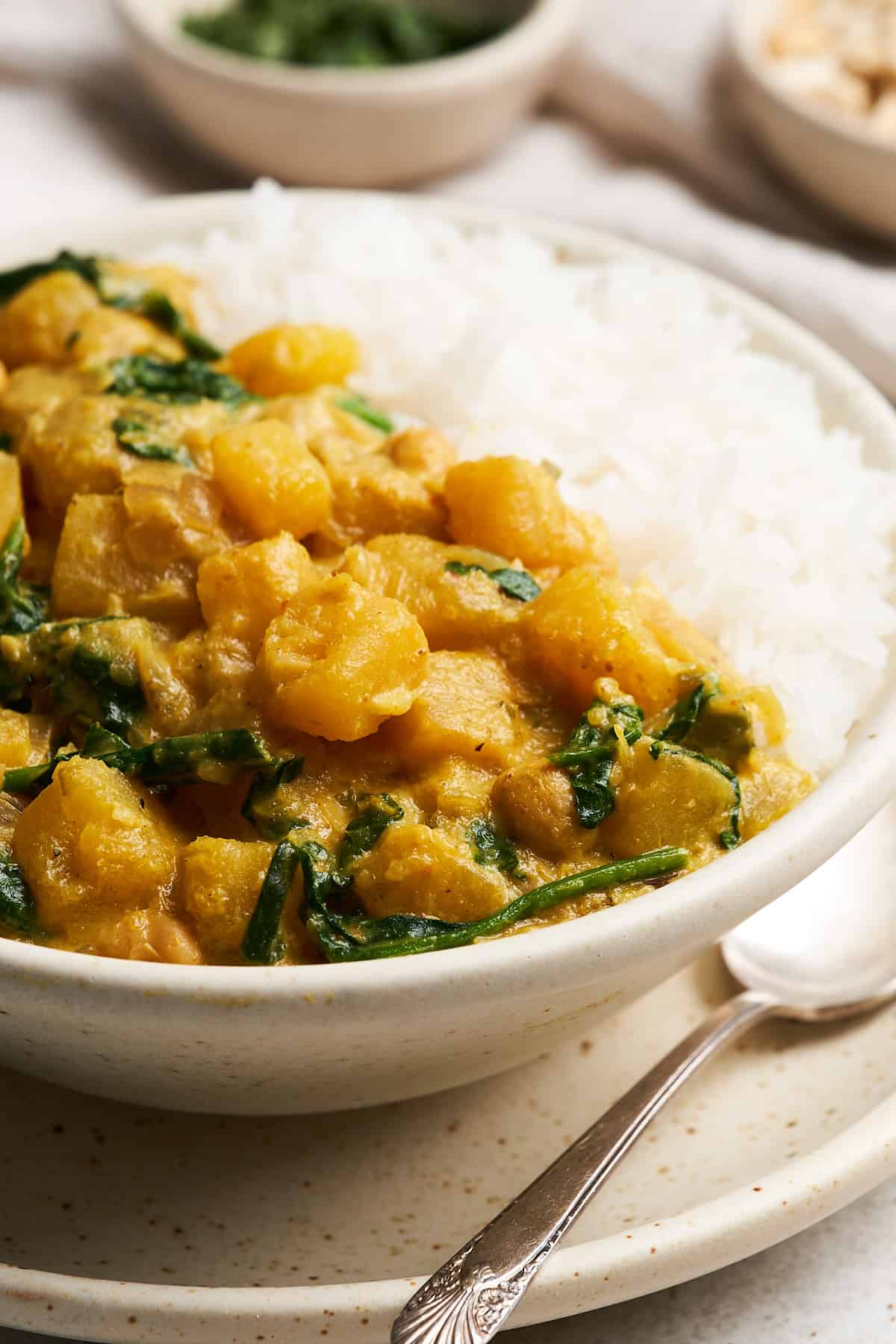 Butternut squash curry in a bowl.