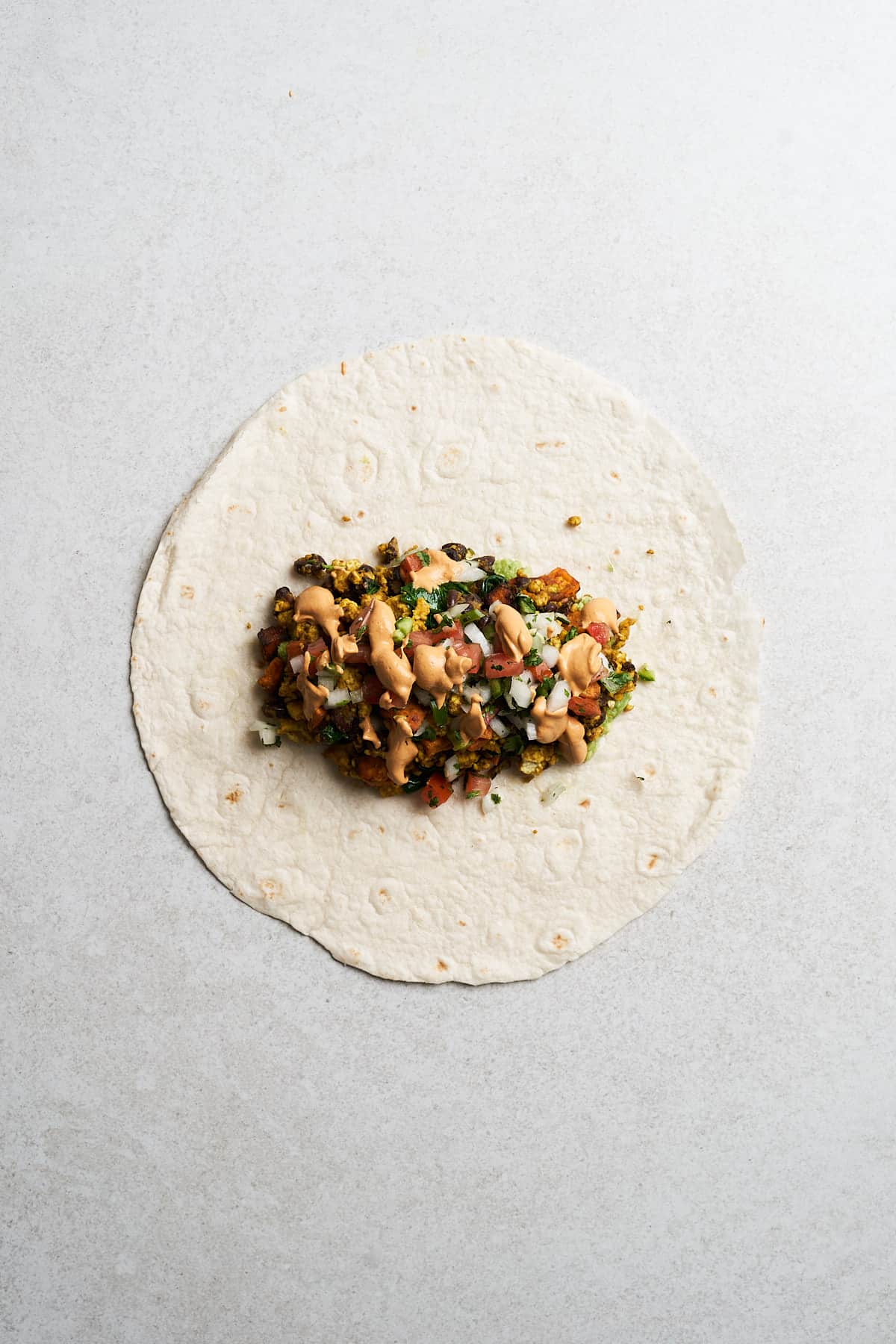 Tofu with salsa in a tortilla.