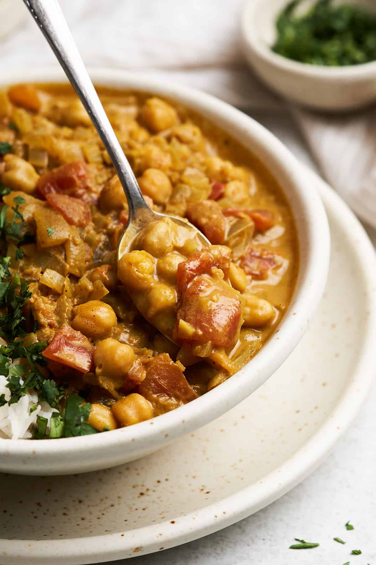 Spoonful of vegan chickpea curry.