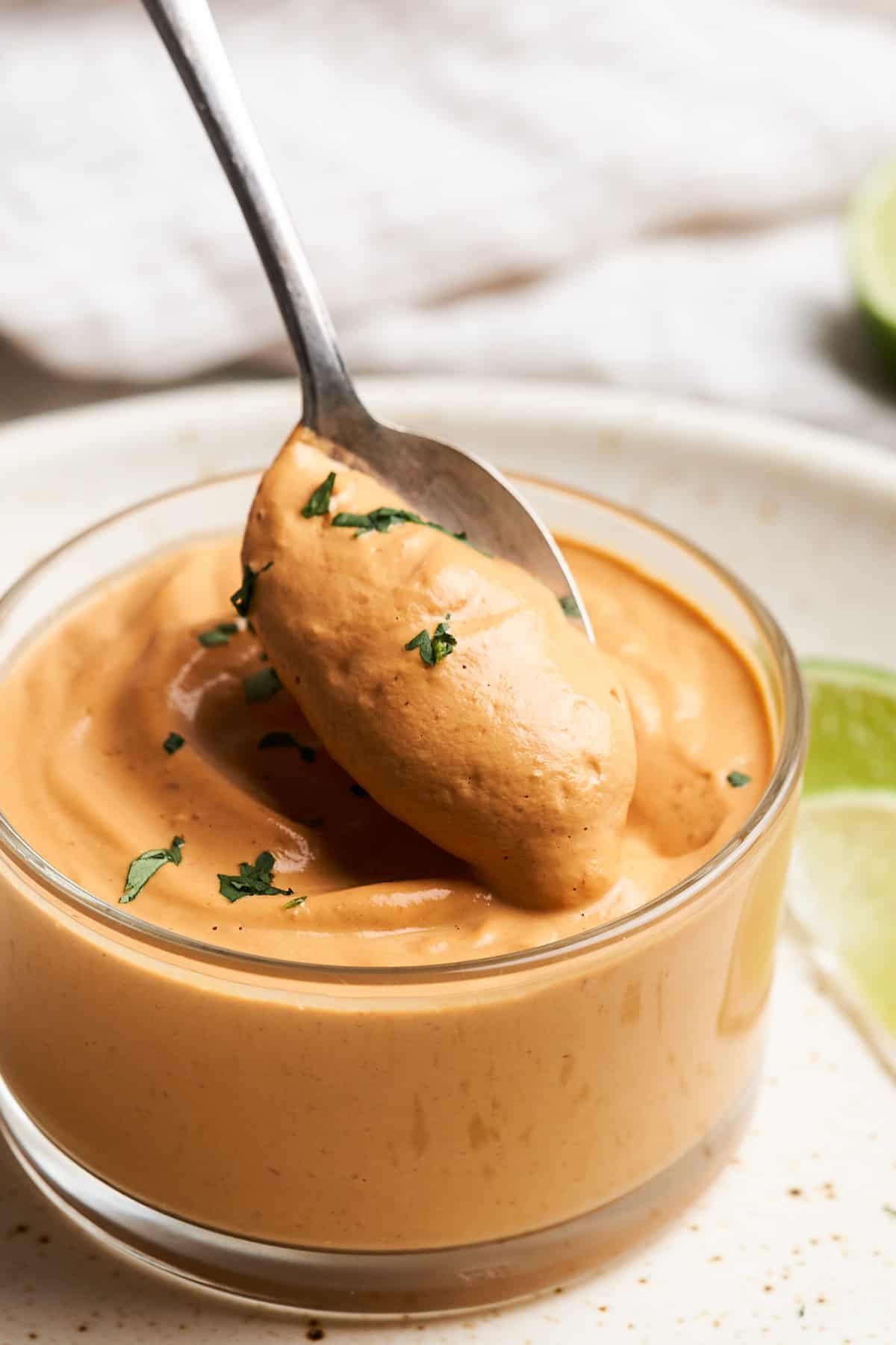 Spoonful of vegan chipotle sauce.