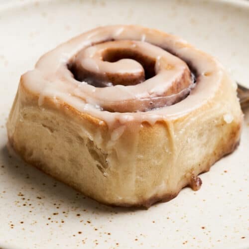 Vegan cinnamon roll on a plate.
