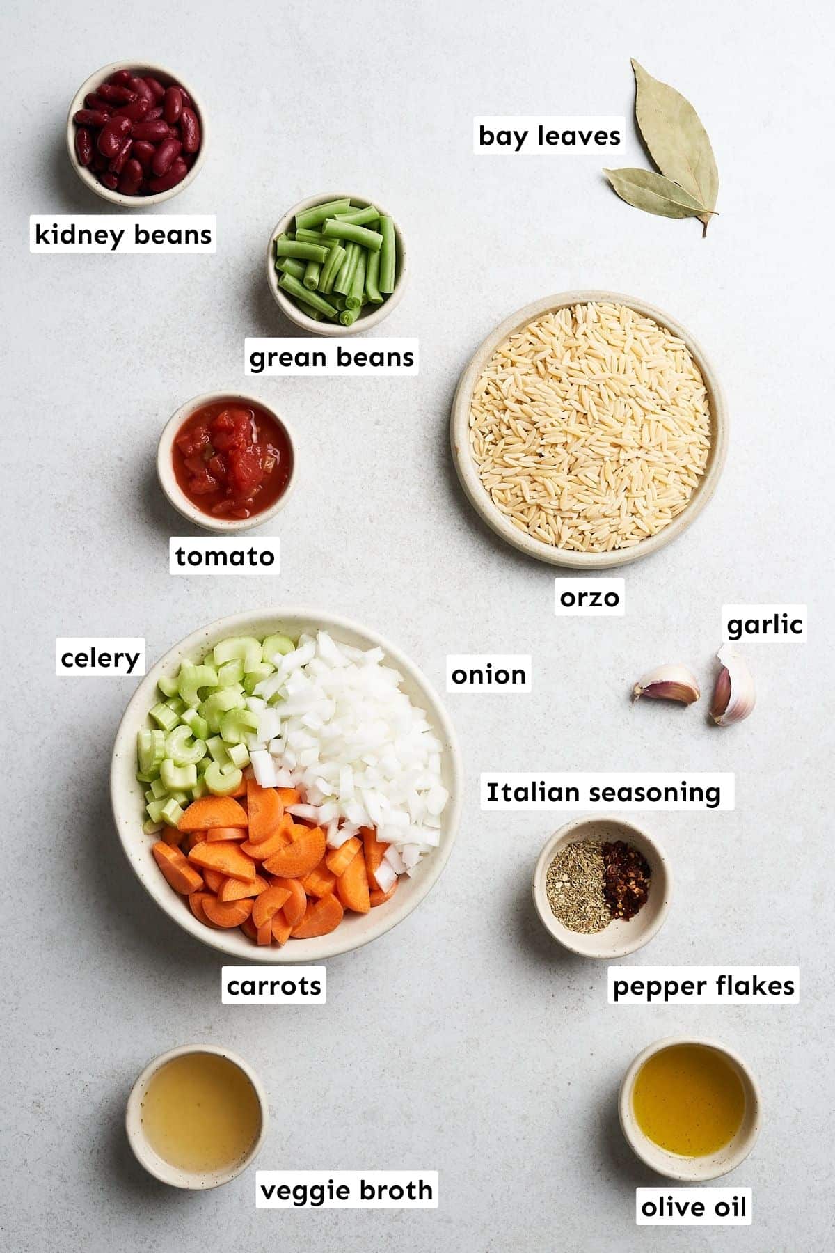 Vegan minestrone soup ingredients.