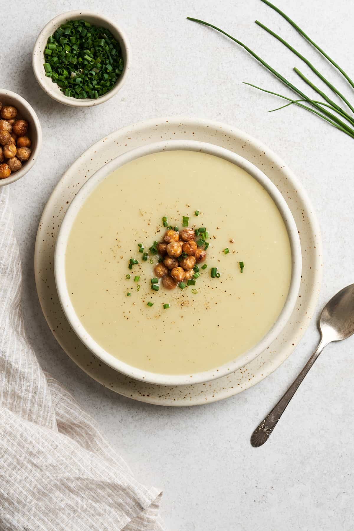Vegan potato leek soup in a bowl.