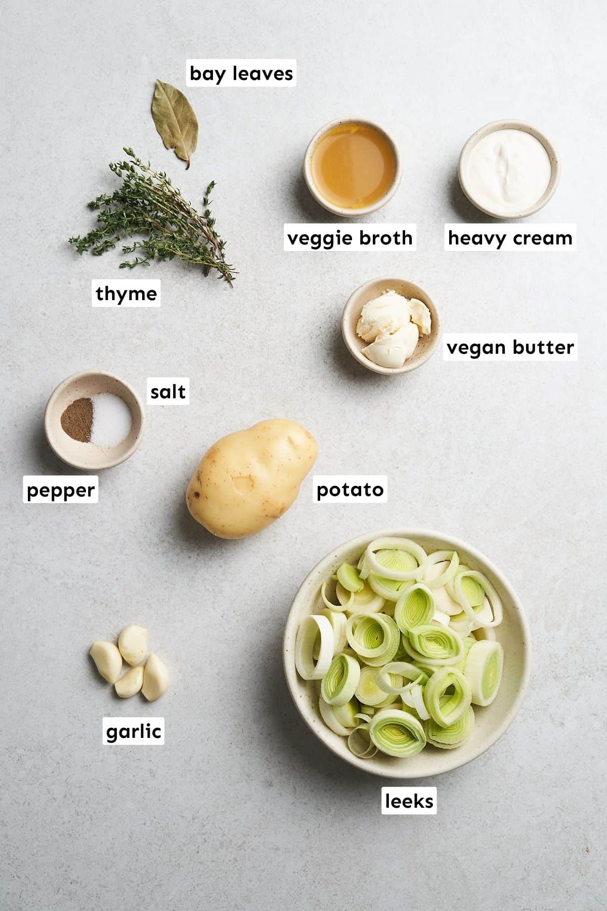 Vegan potato leek soup ingredients.