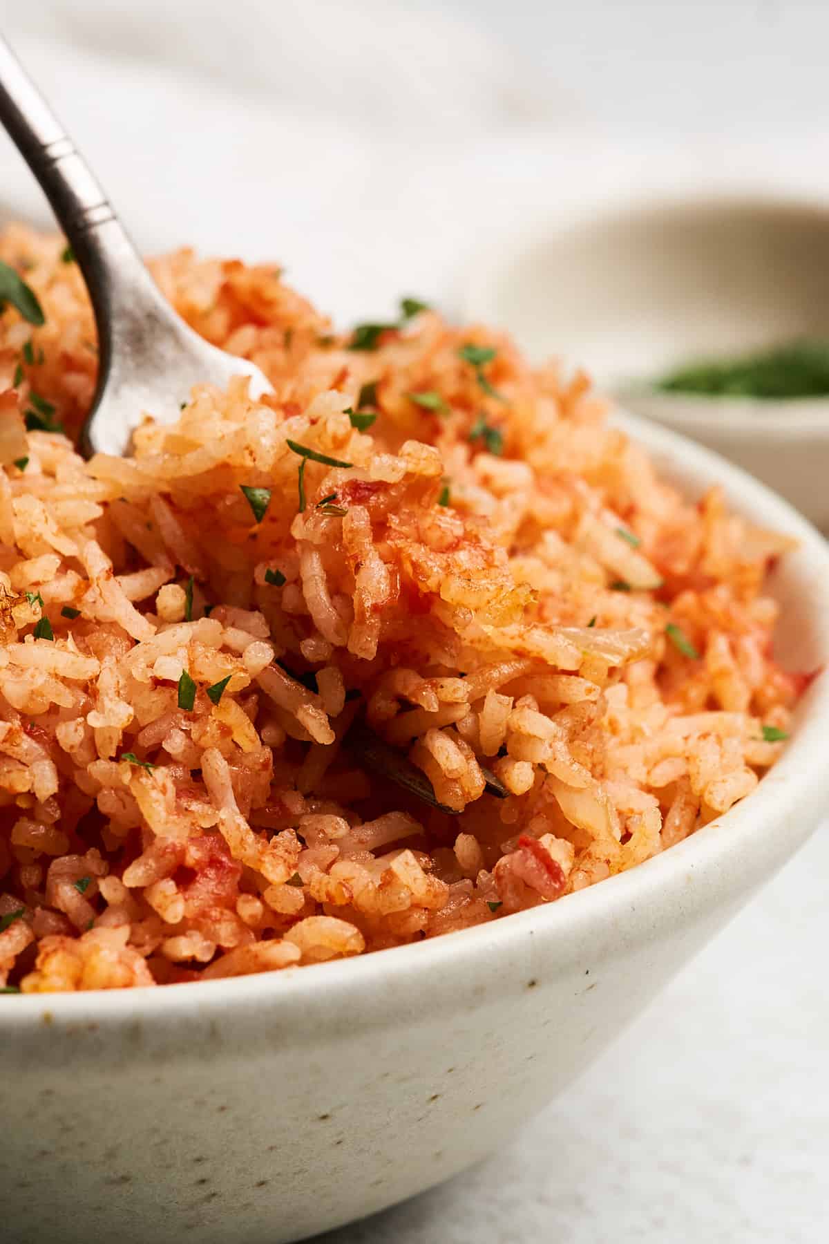 Vegan Spanish Rice on a fork.