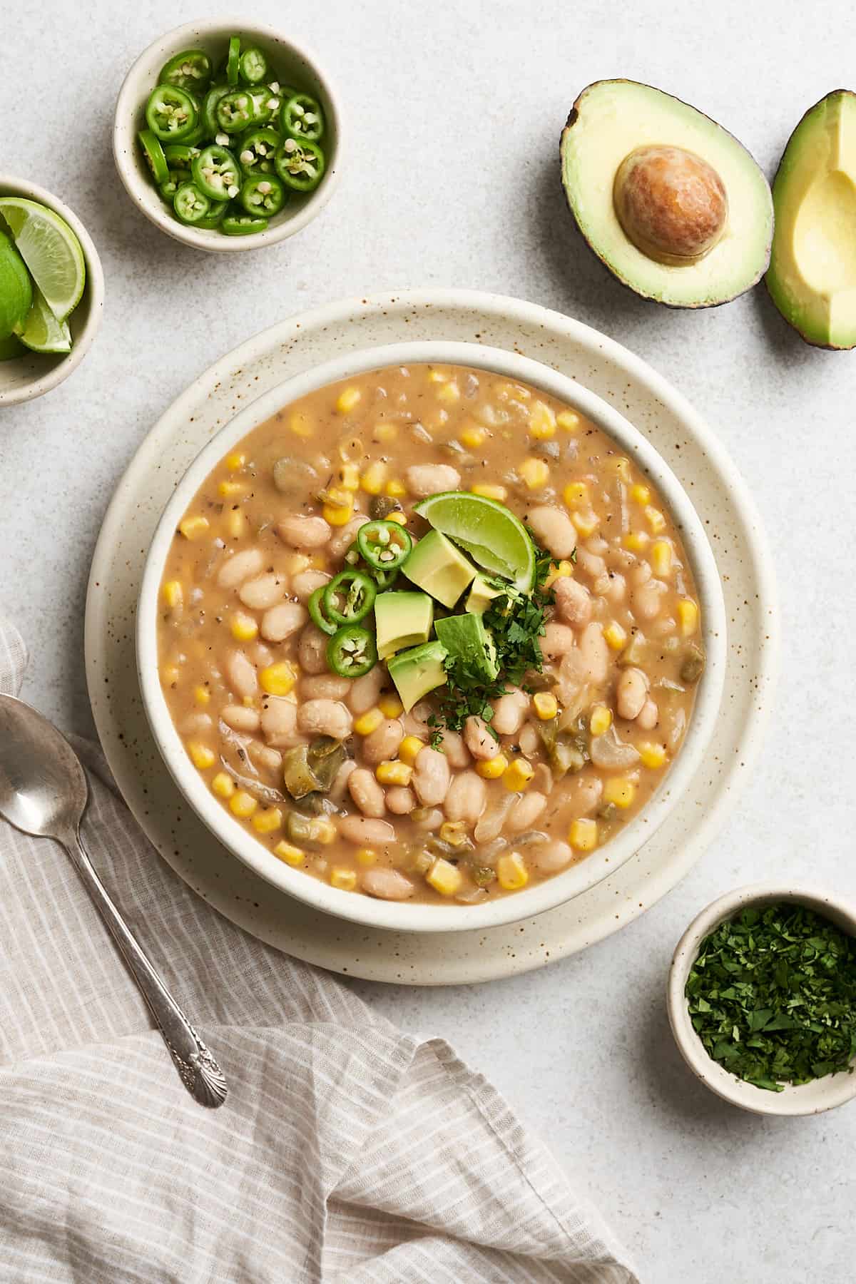 Vegan white bean chili on a plate.