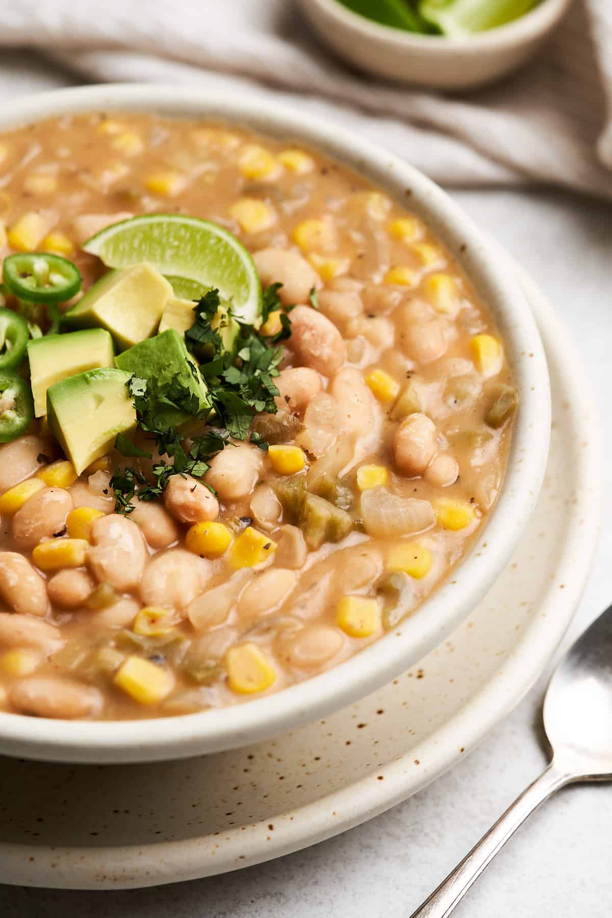 Vegan white bean chili on a plate.