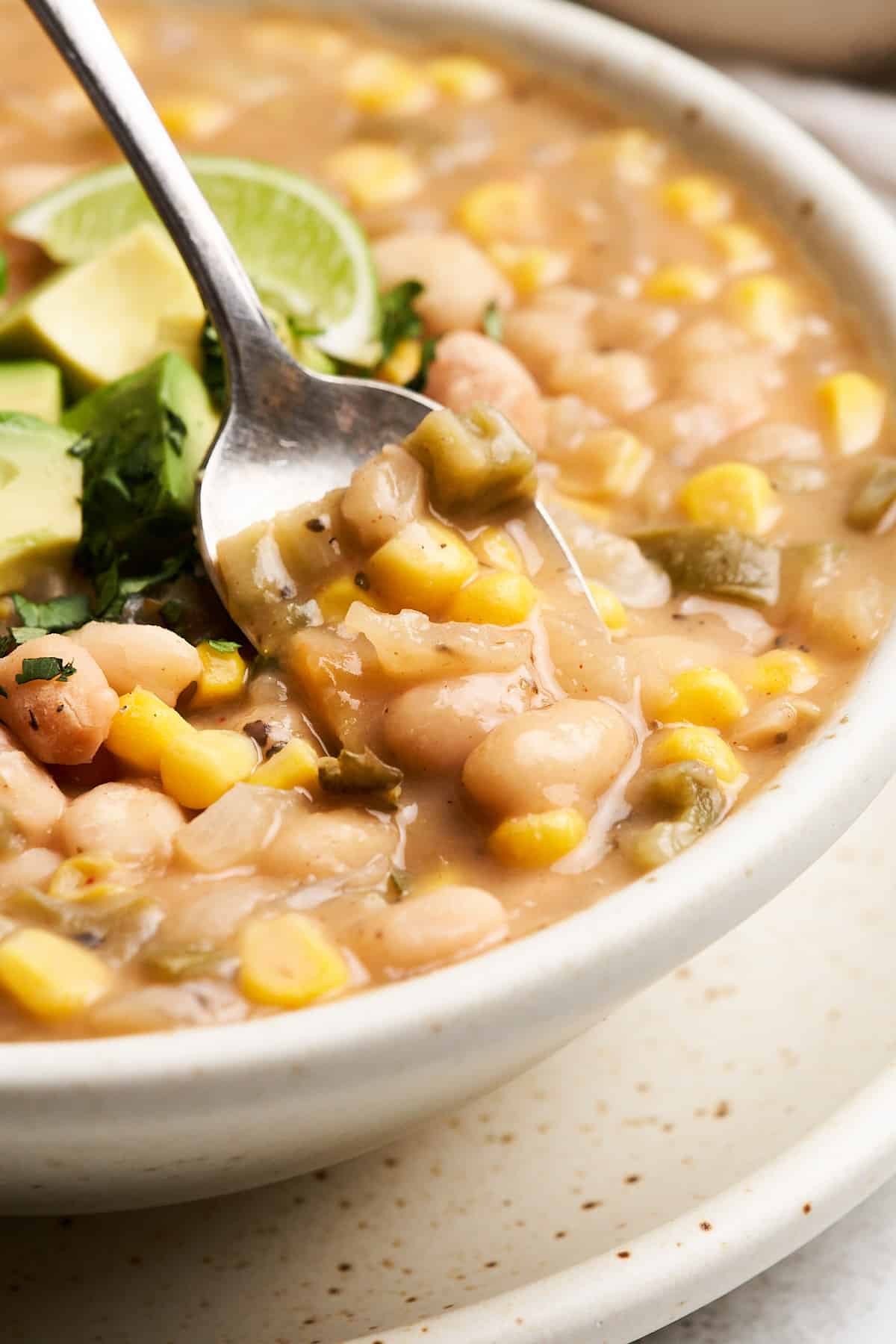 Spoonful of vegan white bean chili.