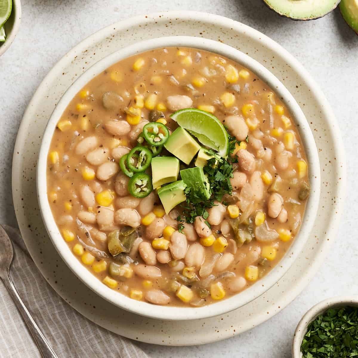 Vegan white bean chili on a plate.