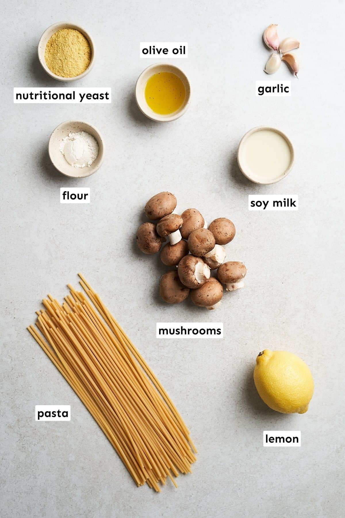 Vegan mushroom pasta ingredients.