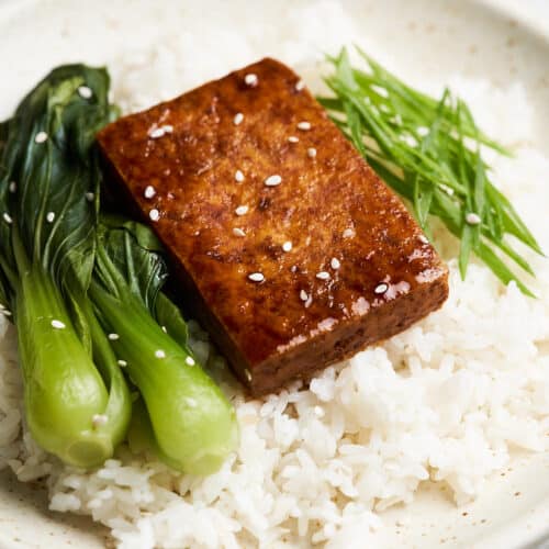 Tofu steak on a plate.