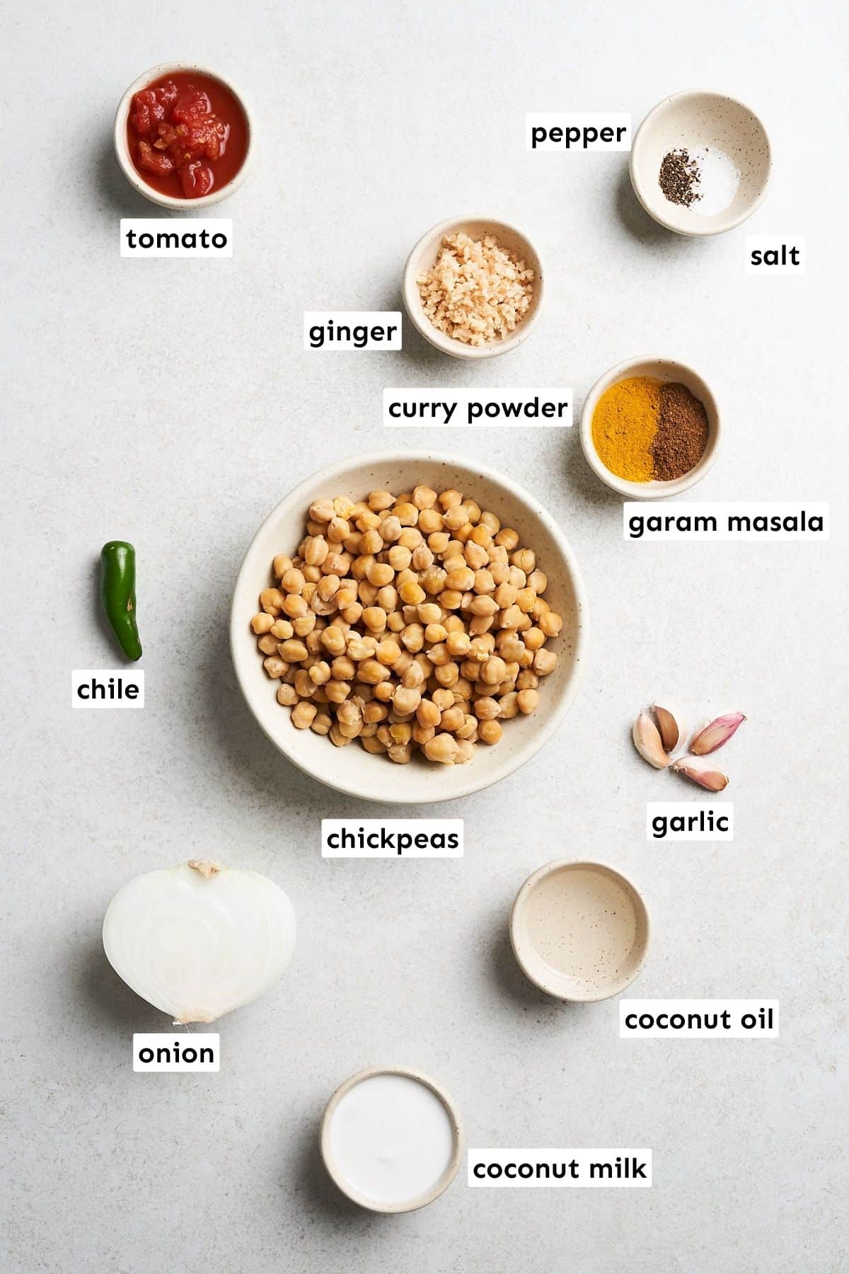 Vegan chickpea curry ingredients.
