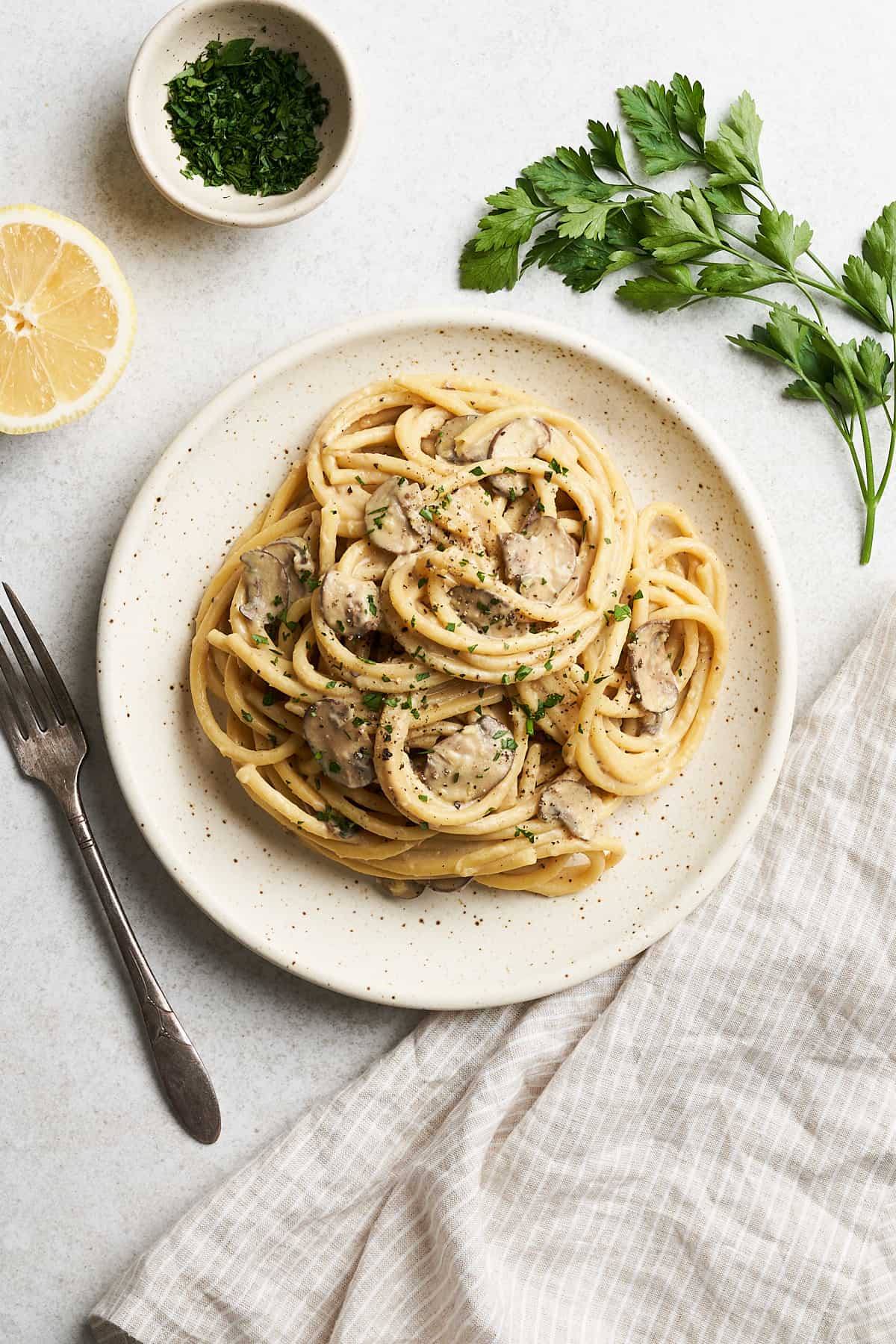 Vegan mushroom pasta on a plate.