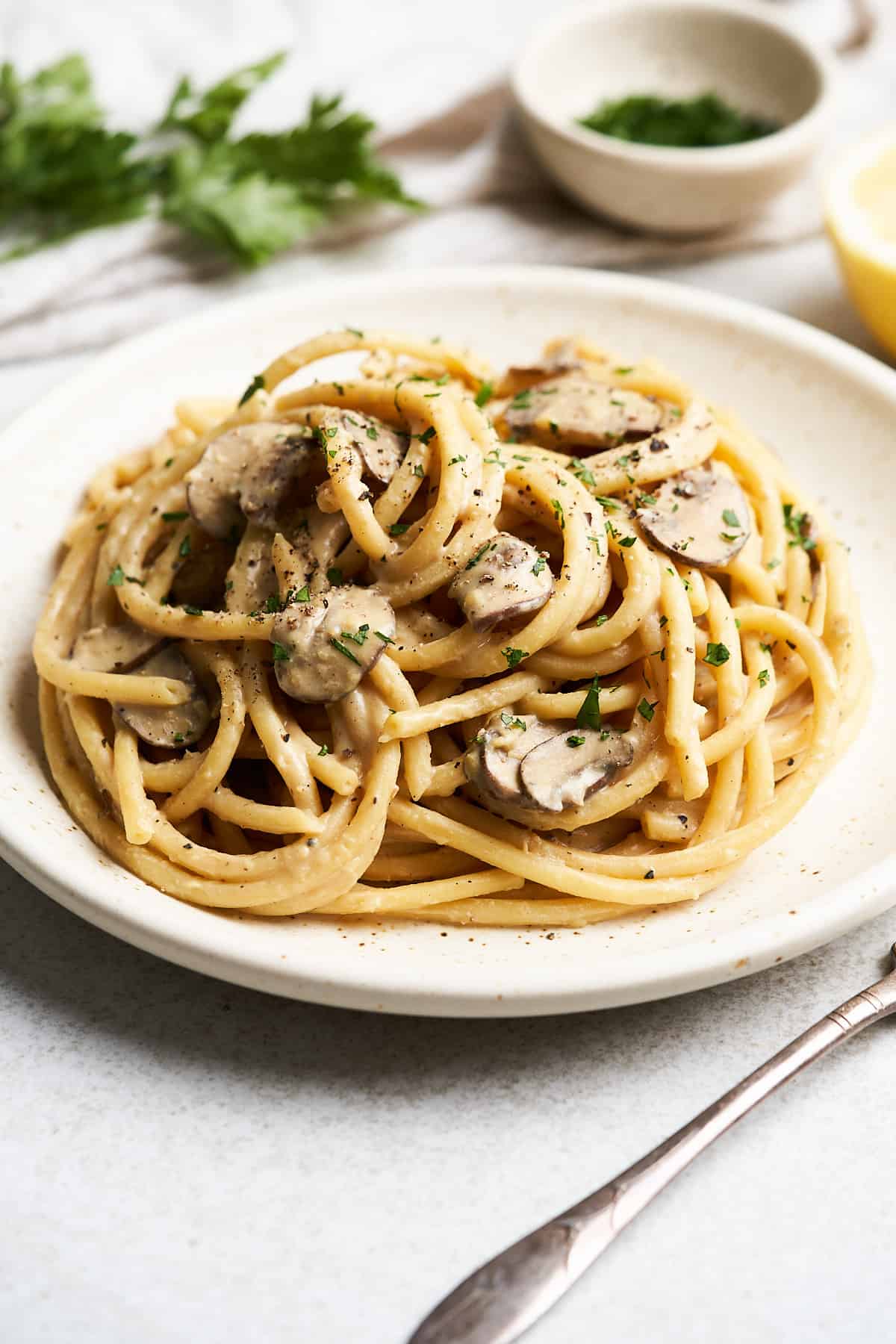 Vegan mushroom pasta on a plate.