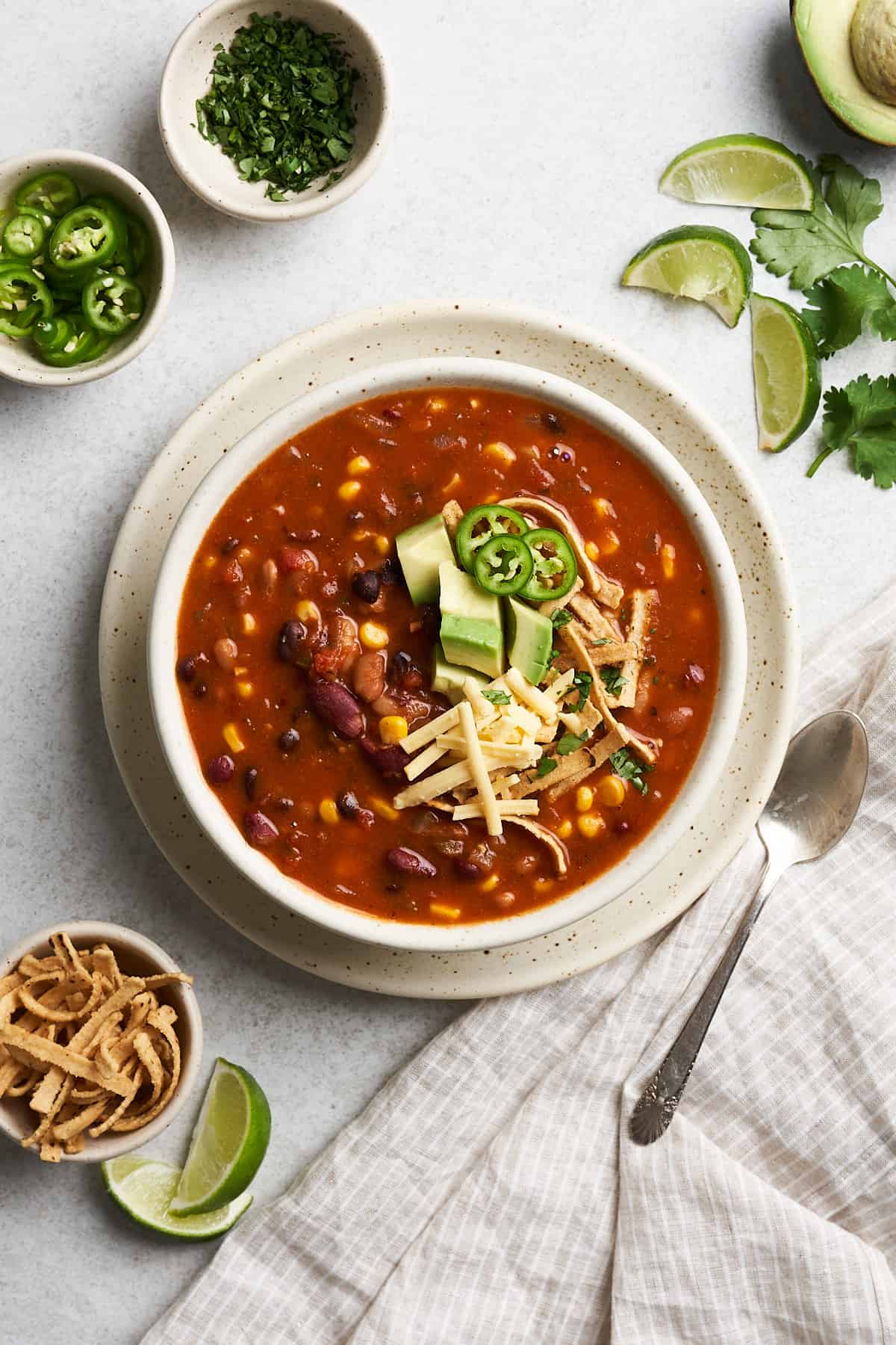 Vegan taco soup on a plate.
