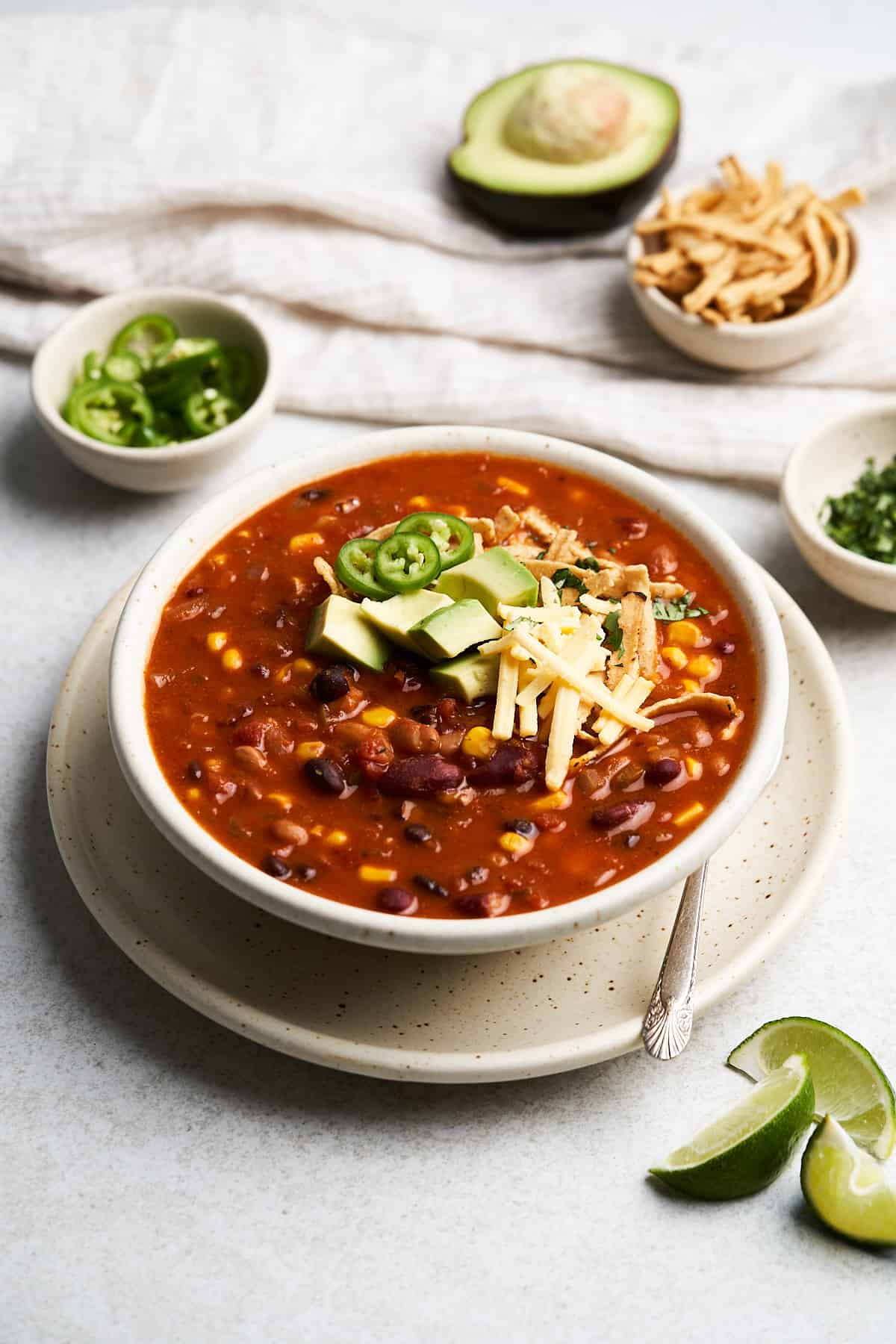 Vegan taco soup on a plate.