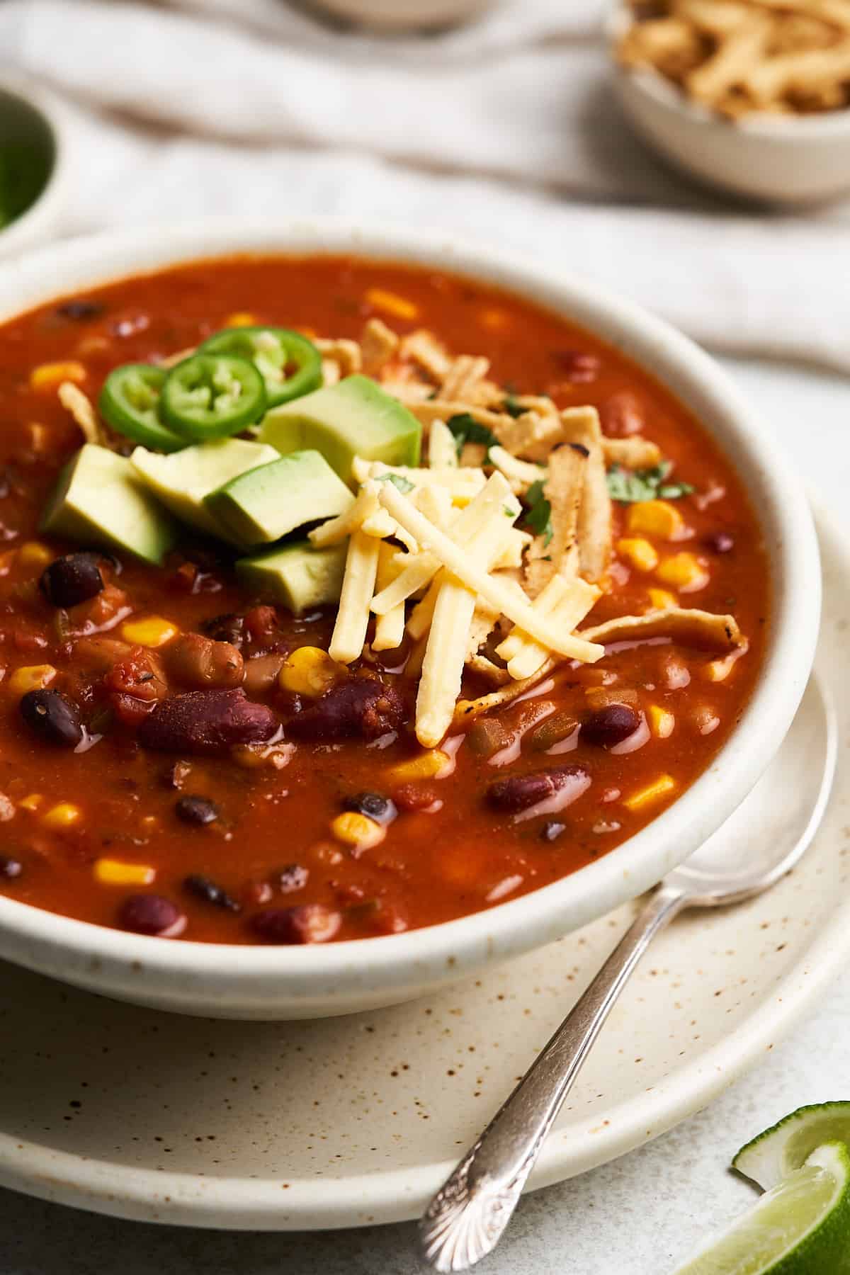 Vegan taco soup on a plate.