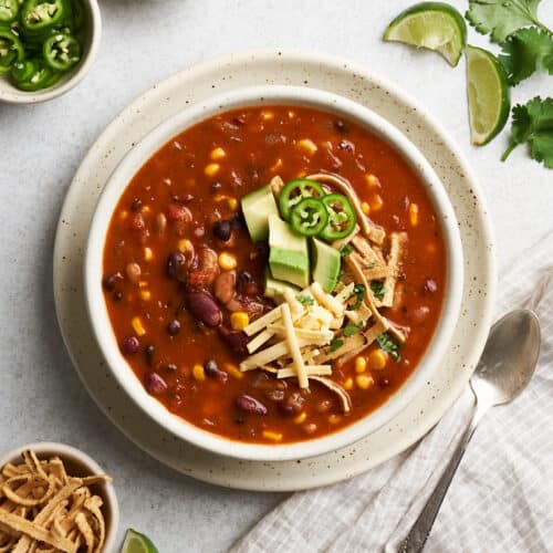 Vegan taco soup on a plate.
