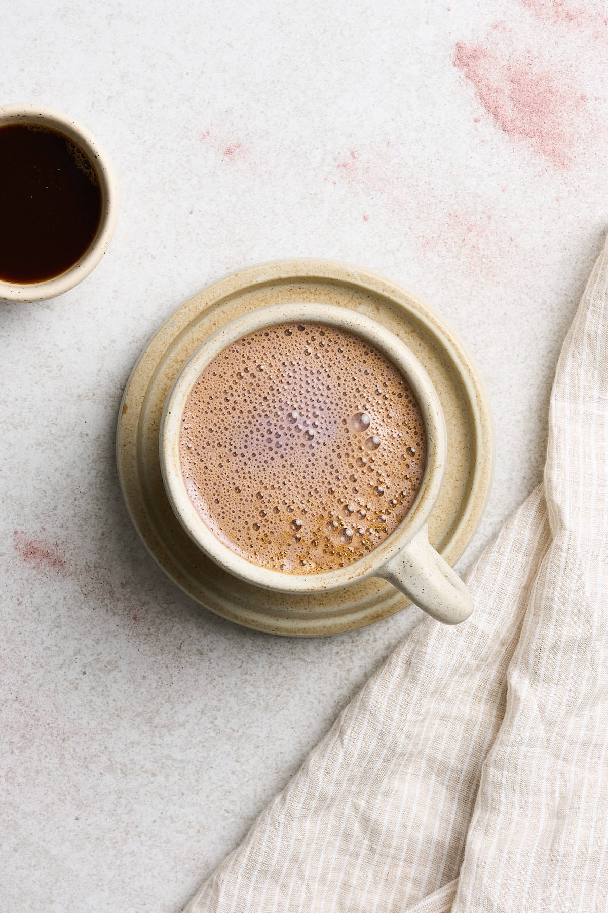 Taro latte in a mug.
