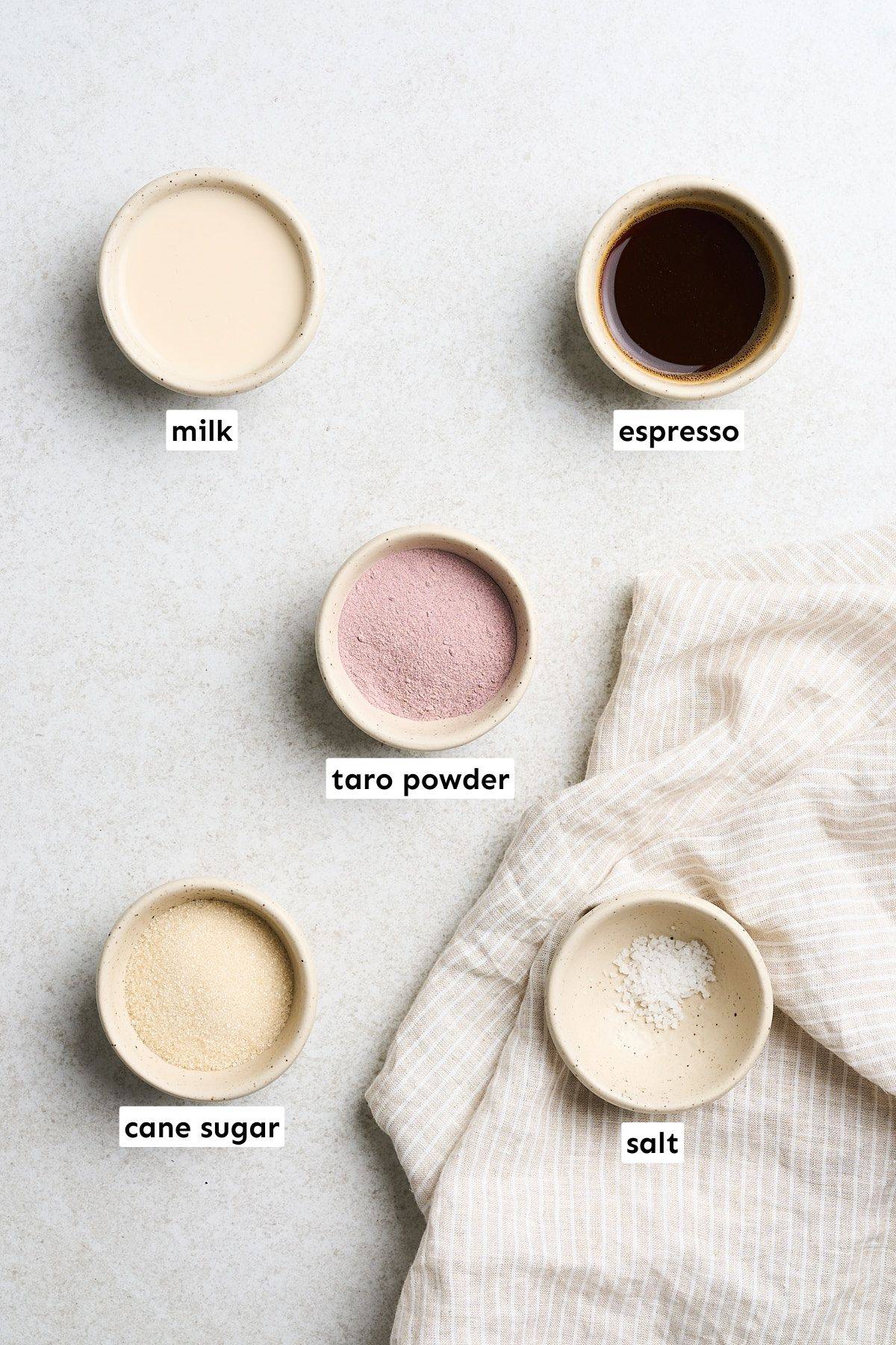 Taro latte ingredients.