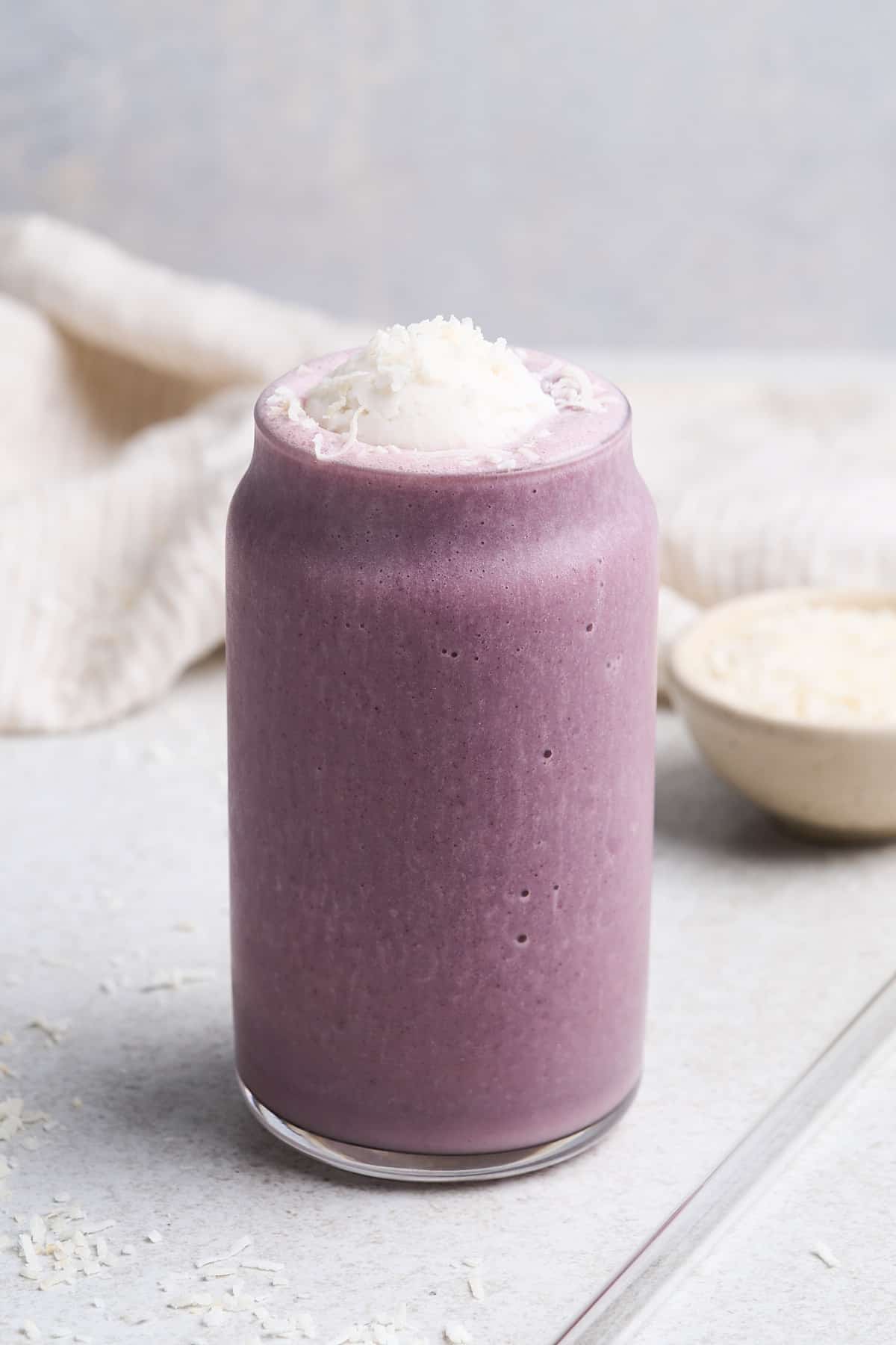 Taro smoothie in a glass.